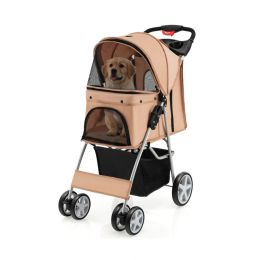 Folding Dog Stroller with Storage Basket and Adjustable Canopy