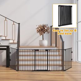 115 Inch Length 5 Panel Adjustable Standing Gate (Color: Black)