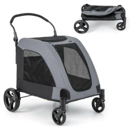 4 Wheel Extra Large Dog Stroller Foldable with Dual Entry (Color: Gray)