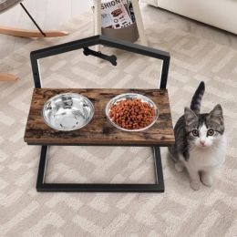 Adjustable Elevated Dog Bowl Feeder Stand (Color: Rustic Brown)