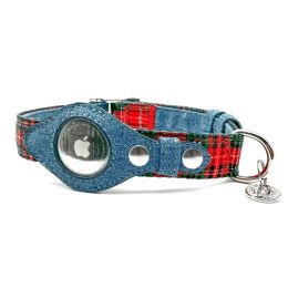 Apple Airtag Integrated Collar (Color: Red Plaid, Size: Small)