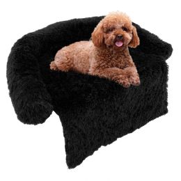 Black Plush Calming Dog Couch Bed with Anti-Slip Bottom (Size: Small)