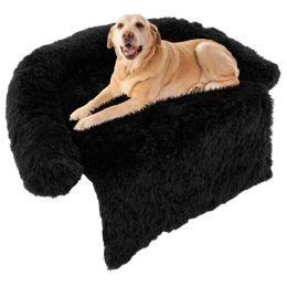 Black Plush Calming Dog Couch Bed with Anti-Slip Bottom (Size: Large)