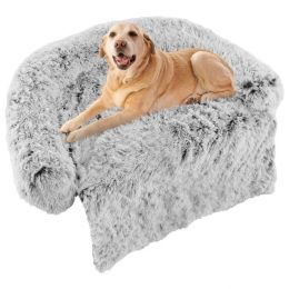 Gray Plush Calming Dog Couch Bed with Anti-Slip Bottom (Size: Small)